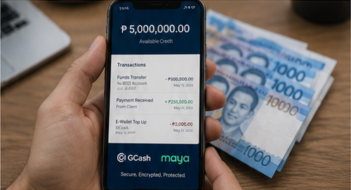 Mobile financial dashboard beside Philippine peso notes
